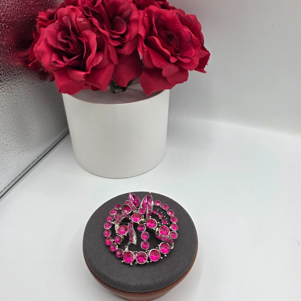 Vintage Pink Rhinestone Womens Statement‎ Brooch Silver Tone Round Fashion 2"X2"